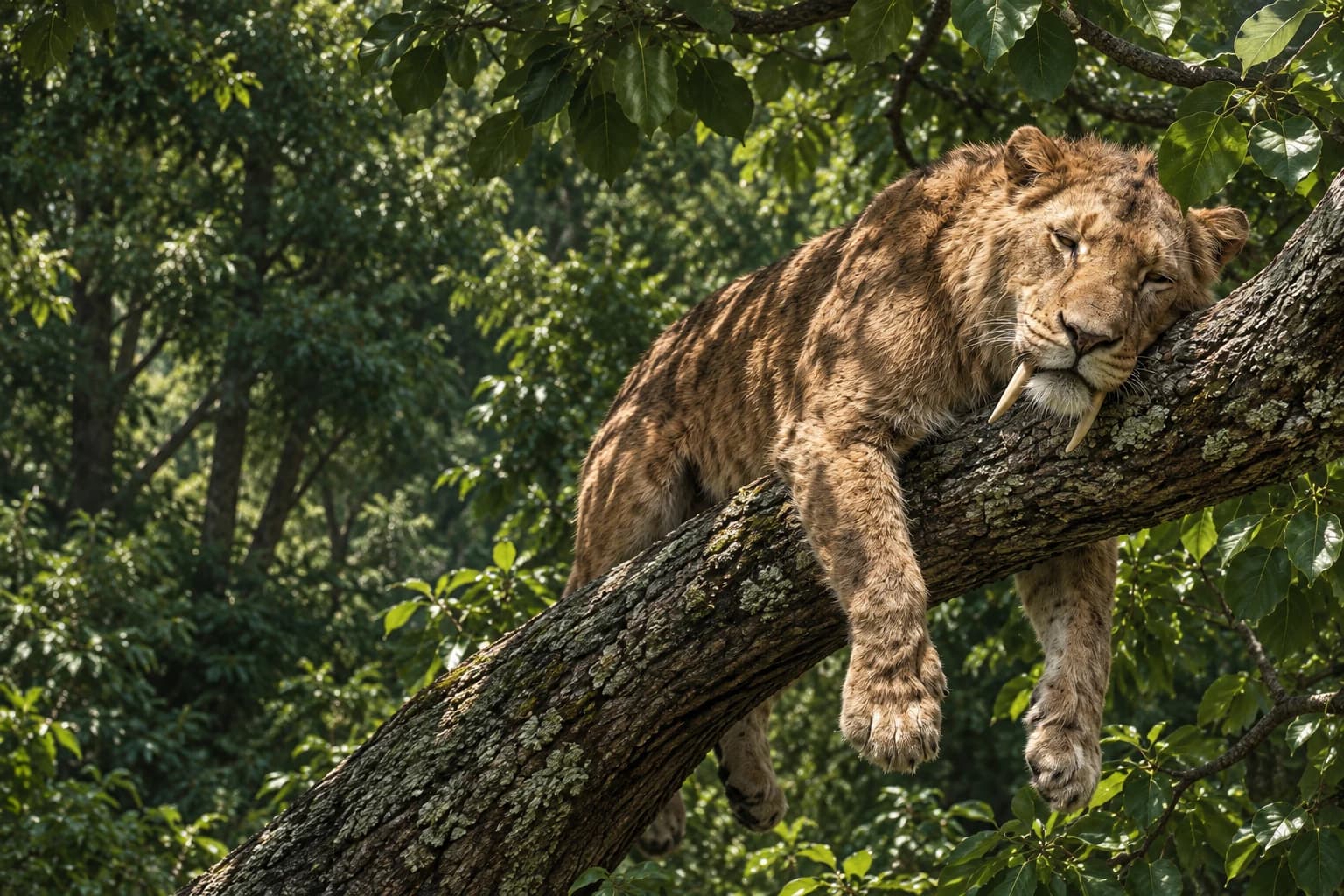 A saber-toothed cat in a forest — a WildLens artistic reconstruction